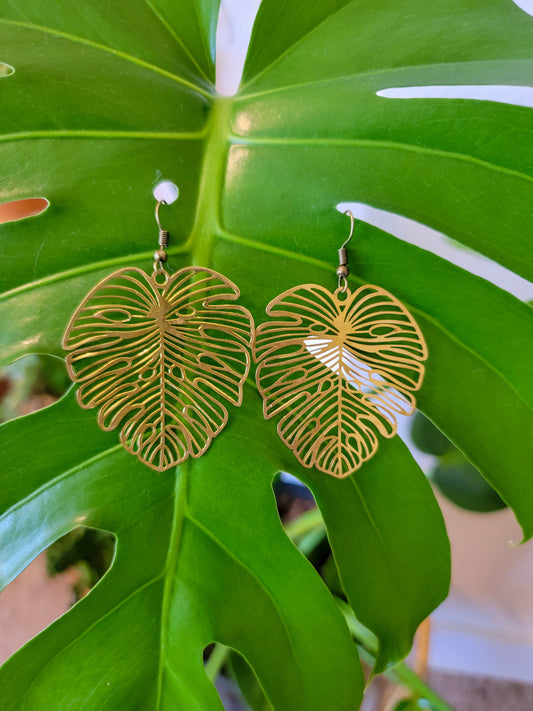 Brass Monstera Earrings